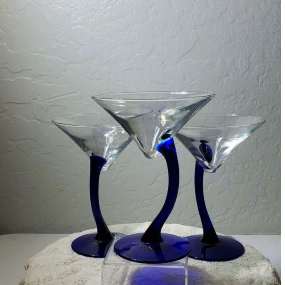 Martini Glasses Cobalt Blue Bavura Libby 3 in the set ~Vintage~